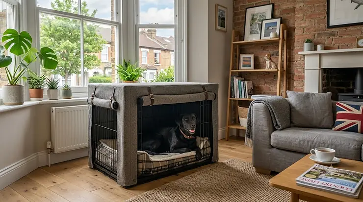 A stylish covered dog crate placed in a modern living room, providing a cosy and secure den space for a dog. covered dog crate
