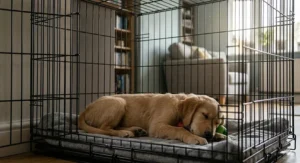 A peaceful, sleeping golden retriever puppy curled up inside its comfortable, secure crate, bathed in soft, warm daylight, creating a safe den environment.