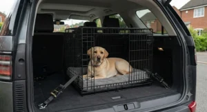 An indestructible dog crate secured in the boot of a car for safe pet travel.