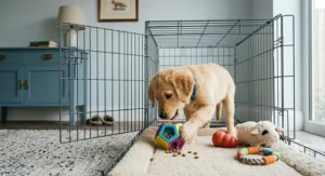 Educational toys placed inside a crate to make training a fun experience.