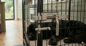 A calm Newfoundland puppy resting inside a secure crate with soft bedding and a toy.