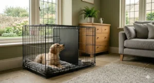 Close-up of a golden retriever puppy sitting alert in a crate where the divider provides the correct den-sized space, showing safe constraint.