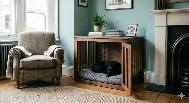A wooden den style dog crate integrated into a modern British living room interior. den style dog crate
