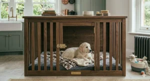 A puppy resting comfortably inside a cosy den style dog crate.