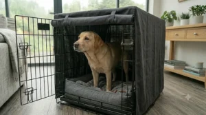 A fabric cover partially draped over a dog crate to create a den-like space.