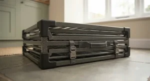 A foldable chew proof dog crate showing how it collapses for storage.