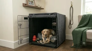 A dog crate positioned in a quiet, low-traffic corner of a family home.
