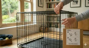 Simple, tool-free assembly of the metal XXL double-door dog crate.