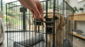 A comfortable dog crate setup with non-toxic, chew-resistant bedding.