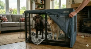 A person adjusting a dark grey breathable mesh cover over one side of a large dog crate