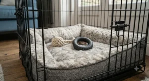 Front and side door openings on a large indestructible dog crate for flexible placement.