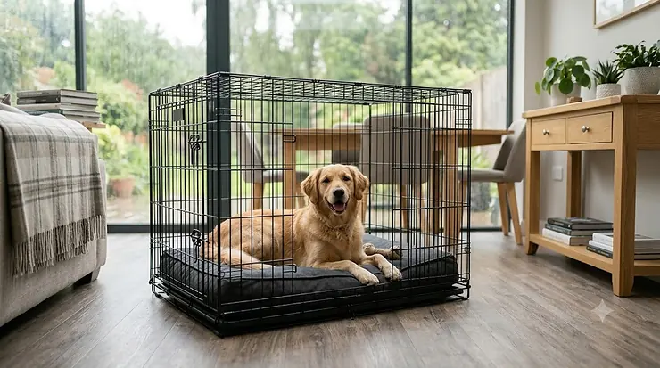 A sturdy, heavy-duty metal crate for a destructive dog in a living room. crate for destructive dog