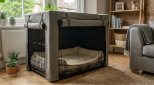 Close-up of the high-quality, breathable fabric used on a covered dog crate.