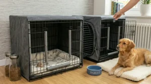 Sturdy wire calming dog crate with secure dual latches and removable tray.