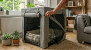A view of the secure front door opening on a covered dog crate for easy pet access.