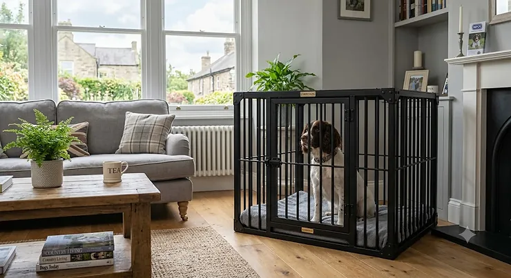 Sturdy heavy-duty escape-proof dog crate set up in a modern living room. escape proof dog crate