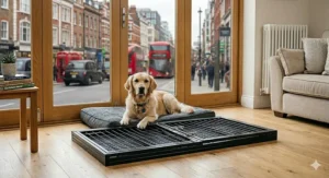 An extra large dog crate folding metal frame being assembled in a living room, with a person lifting the side panels into place while a golden retriever watches from a nearby bed.