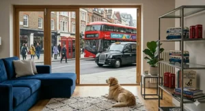 An extra large dog crate folding metal enclosure set up in a living room, with a person adjusting the top panel and a golden retriever resting on a bed nearby.