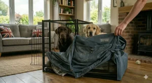 A person carefully securing a fitted mesh cover onto a wire dog crate for comfort and airflow