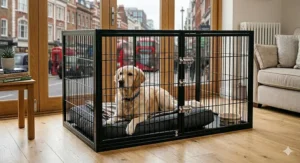 An extra large dog crate folding metal design collapsed completely flat onto a wooden floor, with a golden retriever lying comfortably on a dog bed next to it.