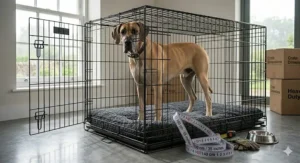 A large Great Dane standing comfortably inside an open black wire XXL dog crate, with a tape measure on the floor displaying dimensions in centimetres and inches.