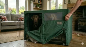 A large dog crate fitted with a stylish green cover featuring a mesh ventilation window