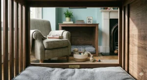 Stylish grey den style dog crate placed at the foot of a bed.