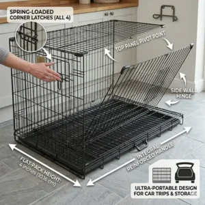 Close-up illustration of the heavy-duty metal wire construction and escape-proof L-shaped latches on a 54 inch dog crate.