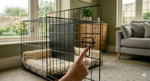 Close-up photograph of a human hand demonstrating the secure, heavy-duty sliding latch mechanism on the door of the metal puppy crate.