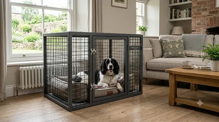 A large, reinforced dog crate providing a secure and comfortable den for a medium-sized breed. reinforced dog crate