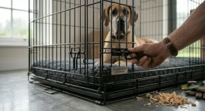 A close-up shot of a hand fastening the heavy-duty metal dual latches on a secure black wire XXL dog crate, with a Great Dane visible inside.