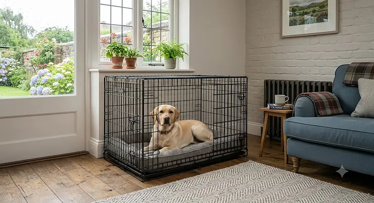 A high-quality indestructible dog crate in a modern UK living room. indestructible dog crate