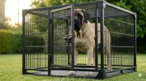 A person gently stroking the paw of a Mastiff through the secure wire bars of a large dog crate, showing the friendly interaction.