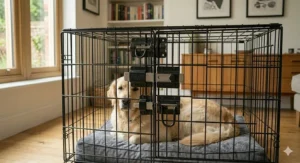 A large breed dog resting comfortably inside a spacious XXL wire crate.