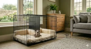 A photorealistic interior view of the partitioned puppy crate lined with thick, luxurious, cream-coloured faux-sheepskin fleece bedding, creating a den.