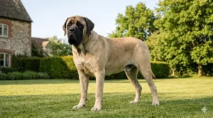 A photorealistic view of a calm Mastiff resting comfortably inside a spacious, high-quality extra-large dog crate at home.