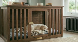 Contemporary den style dog crate styled with home decor accessories.