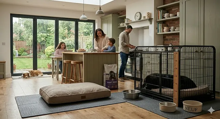 A size guide showing a large Newfoundland dog standing comfortably in a suitable dog crate. newfoundland dog crate