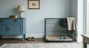 A puppy crate positioned in a quiet corner of a family living room.