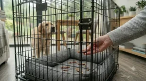 A dog owner placing a treat inside a crate for positive reinforcement training.