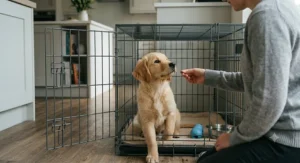 A trainer rewarding a puppy with a treat for entering their crate calmly.
