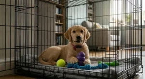 A happy, contented golden retriever puppy inside its wire crate playing with a variety of durable, safe chew toys, creating positive associations.