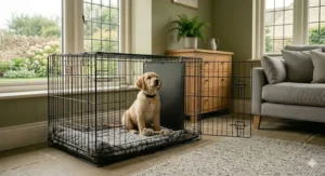 A well-behaved golden retriever puppy wearing a collar sitting calmly inside its divided crate, which is positioned thoughtfully in a family living room.