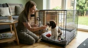 Using positive reinforcement and a tasty treat to gently encourage a dog into a crate for house training a puppy.