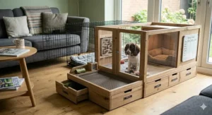 A visual guide showing a person measuring a dog for the correct crate size for house training a puppy.
