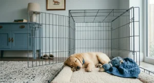 A relaxed puppy sleeping soundly in an open-door crate during the day.