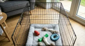 A top-down view inside an empty puppy crate featuring safe chew toys and a plush bed used for house training a puppy.