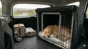 A content puppy resting peacefully inside a properly sized, comfortable dog crate.