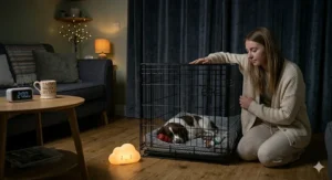 A calm, cosy night-time setup for a puppy’s crate, including a soft night light, to help with house training a puppy overnight.