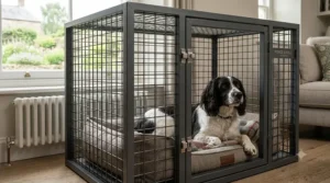 A medium-sized dog resting comfortably inside a robust, reinforced dog crate with a herringbone bed.